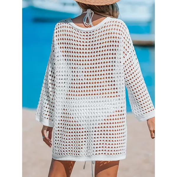imageCUPSHE Womens Swimsuit Crochet Coverup Long Sleeve Cutout Swimwear Beach Cover Ups Ruching Knit DressWhite