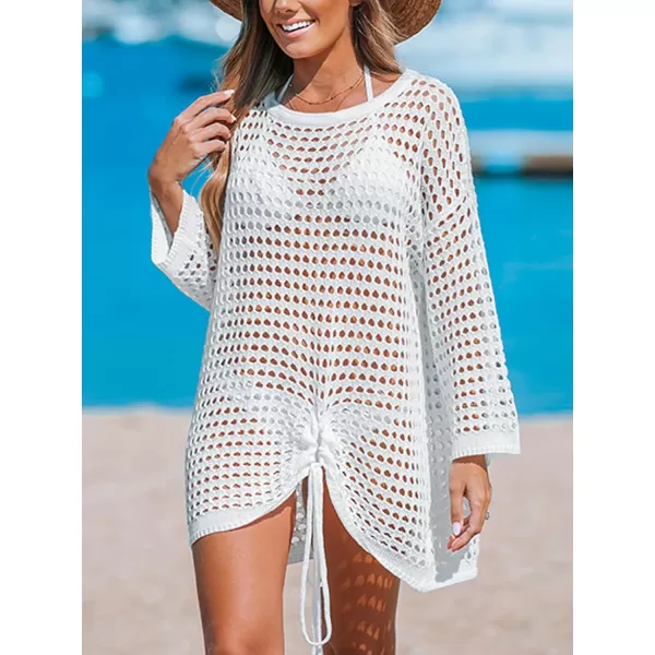 imageCUPSHE Womens Swimsuit Crochet Coverup Long Sleeve Cutout Swimwear Beach Cover Ups Ruching Knit DressWhite