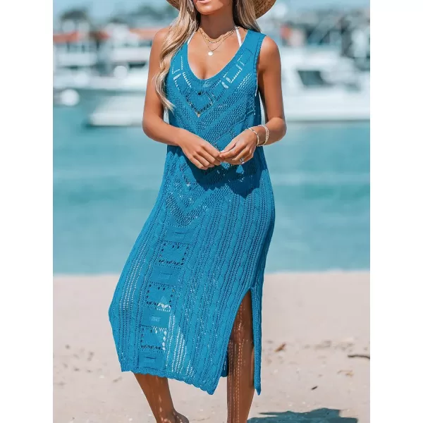 imageCUPSHE Womens Swimsuit Crochet Coverup Sleeveless Bathing Suit Bikini Cover Ups Knit Midi DressBlue