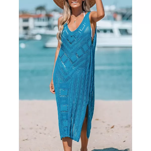 imageCUPSHE Womens Swimsuit Crochet Coverup Sleeveless Bathing Suit Bikini Cover Ups Knit Midi DressBlue