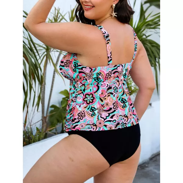 imageCUPSHE Womens Swimsuit Plus Size Tankini Sets V Neck Mid Rise Double Adjustable Straps Ruched Bathing SuitPinkPaisley