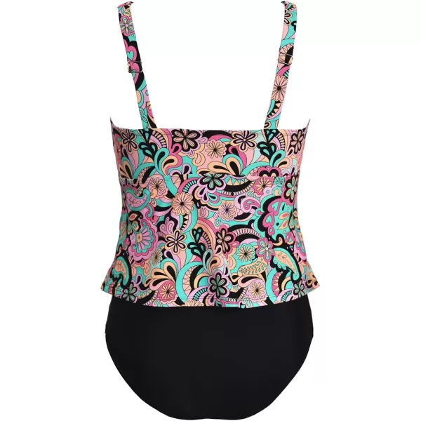imageCUPSHE Womens Swimsuit Plus Size Tankini Sets V Neck Mid Rise Double Adjustable Straps Ruched Bathing SuitPinkPaisley