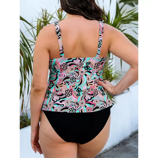 imageCUPSHE Womens Swimsuit Plus Size Tankini Sets V Neck Mid Rise Double Adjustable Straps Ruched Bathing SuitPinkPaisley