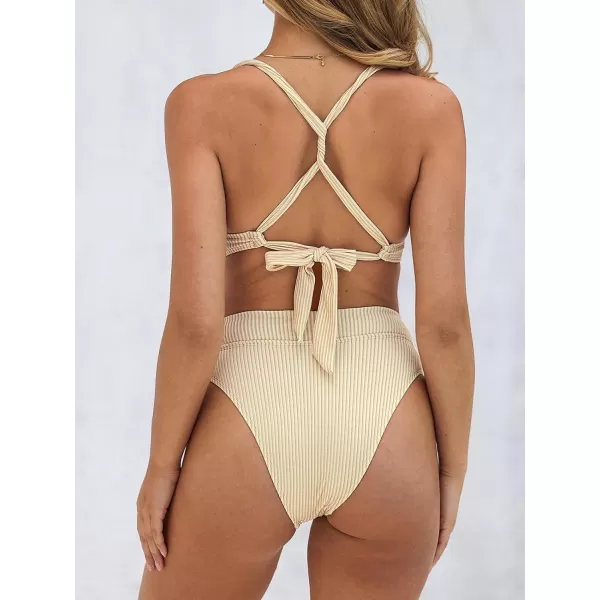 imageCUPSHE Womens Swimsuit Two Piece Bathing Suit High Waisted Wrap Plunge Self Tie VCut Ribbed BikinisOat White