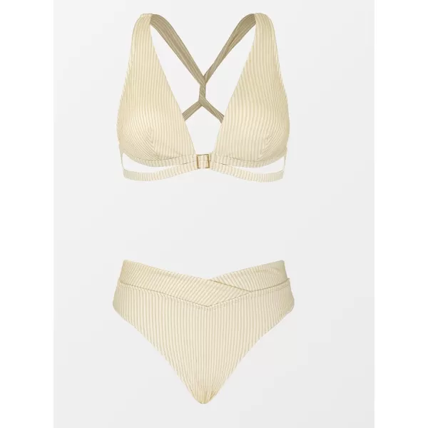 imageCUPSHE Womens Swimsuit Two Piece Bathing Suit High Waisted Wrap Plunge Self Tie VCut Ribbed BikinisOat White