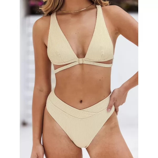 imageCUPSHE Womens Swimsuit Two Piece Bathing Suit High Waisted Wrap Plunge Self Tie VCut Ribbed BikinisOat White