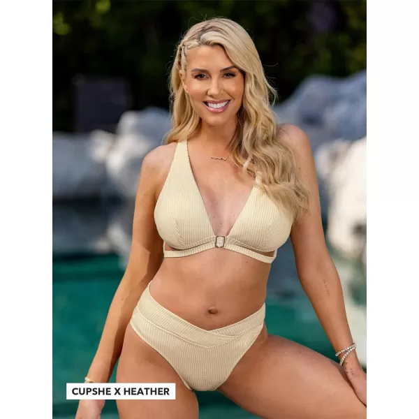 imageCUPSHE Womens Swimsuit Two Piece Bathing Suit High Waisted Wrap Plunge Self Tie VCut Ribbed BikinisOat White