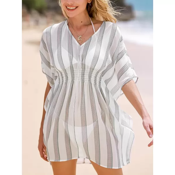 imageCUPSHE Womens Swimsuits Cover Ups V Neck Bathing Suit Butterfly Sleeve Mini Dress Striped Beachwear 2024White