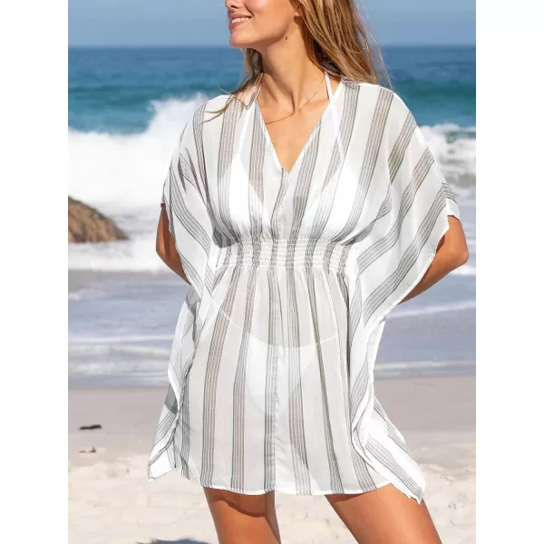 imageCUPSHE Womens Swimsuits Cover Ups V Neck Bathing Suit Butterfly Sleeve Mini Dress Striped Beachwear 2024White