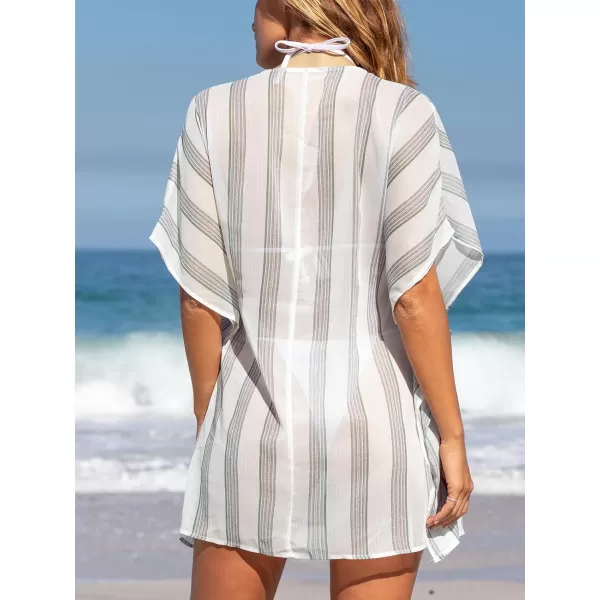 imageCUPSHE Womens Swimsuits Cover Ups V Neck Bathing Suit Butterfly Sleeve Mini Dress Striped Beachwear 2024White