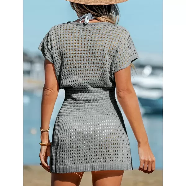 imageCUPSHE Womens Swimwear Cover Up Crochet Mini Dress V Neck Beachwear Short Sleeve Summer 2024Gray