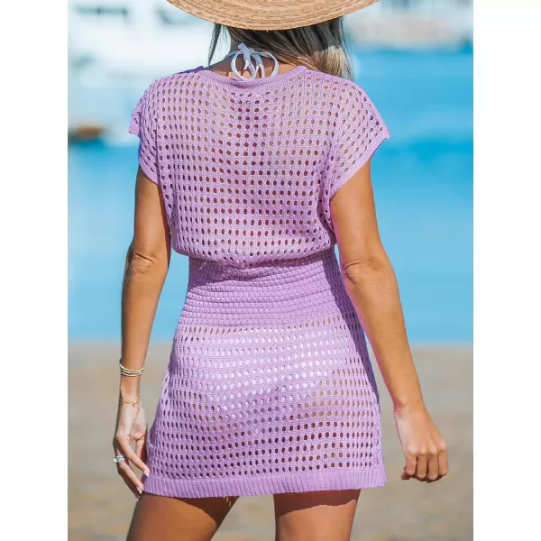 imageCUPSHE Womens Swimwear Cover Up Crochet Mini Dress V Neck Beachwear Short Sleeve Summer 2024Purple