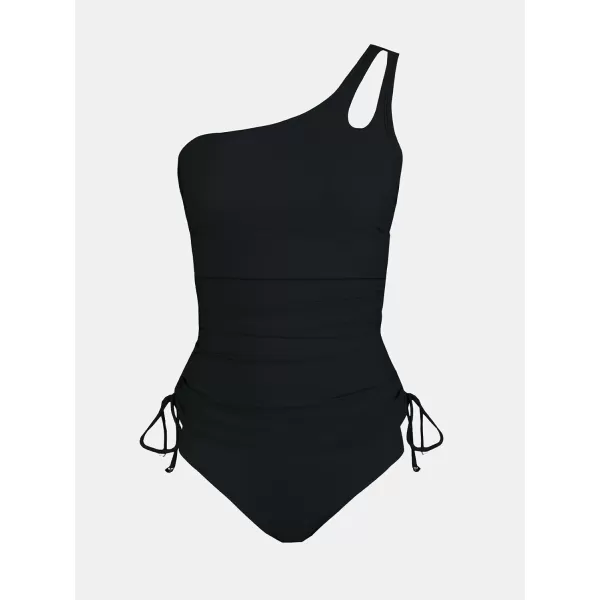 imageCUPSHE Womens Tankini Set Two Piece Swimsuit Bathing Suits Tummy Control One Shoulder Drawstring Top with BottomBlack