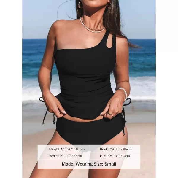 imageCUPSHE Womens Tankini Set Two Piece Swimsuit Bathing Suits Tummy Control One Shoulder Drawstring Top with BottomBlack