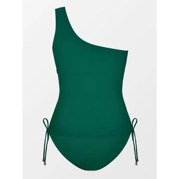 imageCUPSHE Womens Tankini Set Two Piece Swimsuit Bathing Suits Tummy Control One Shoulder Drawstring Top with BottomGreen