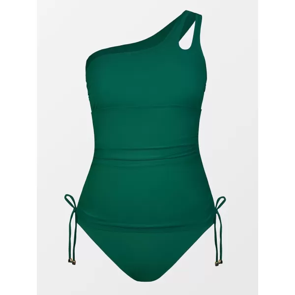imageCUPSHE Womens Tankini Set Two Piece Swimsuit Bathing Suits Tummy Control One Shoulder Drawstring Top with BottomGreen