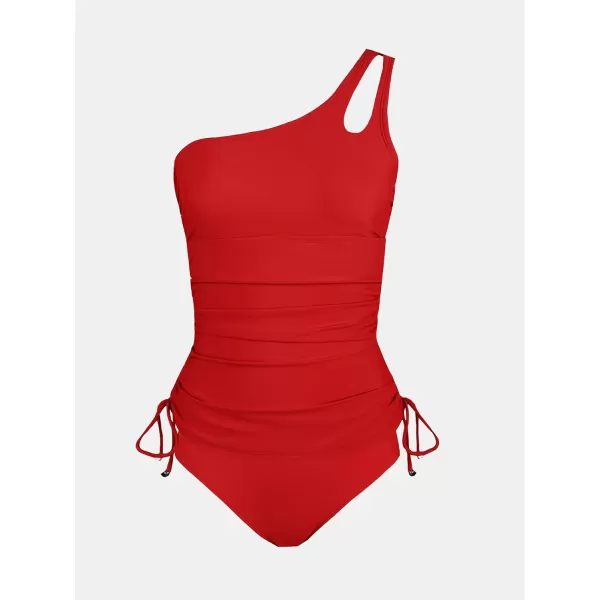 imageCUPSHE Womens Tankini Set Two Piece Swimsuit Bathing Suits Tummy Control One Shoulder Drawstring Top with BottomRed