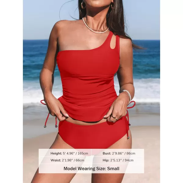 imageCUPSHE Womens Tankini Set Two Piece Swimsuit Bathing Suits Tummy Control One Shoulder Drawstring Top with BottomRed
