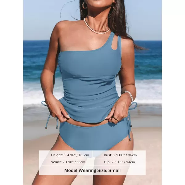imageCUPSHE Womens Tankini Set Two Piece Swimsuit Bathing Suits Tummy Control One Shoulder Drawstring Top with BottomSky Blue