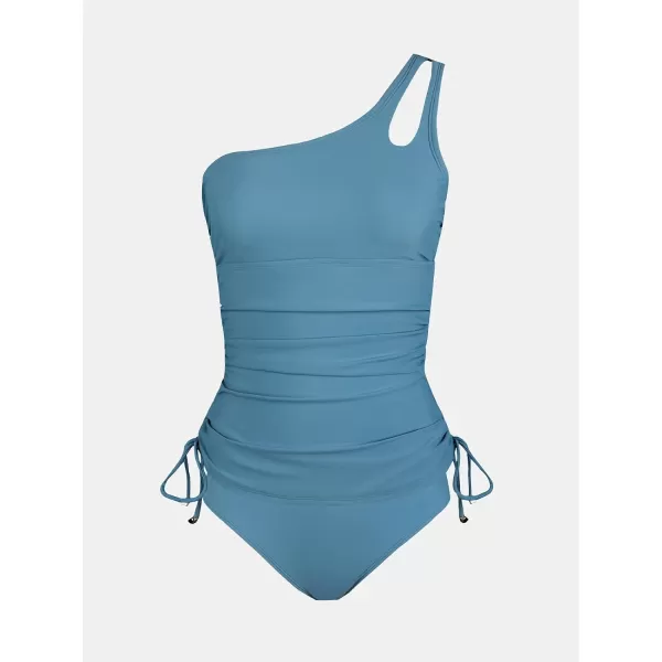 imageCUPSHE Womens Tankini Set Two Piece Swimsuit Bathing Suits Tummy Control One Shoulder Drawstring Top with BottomSky Blue