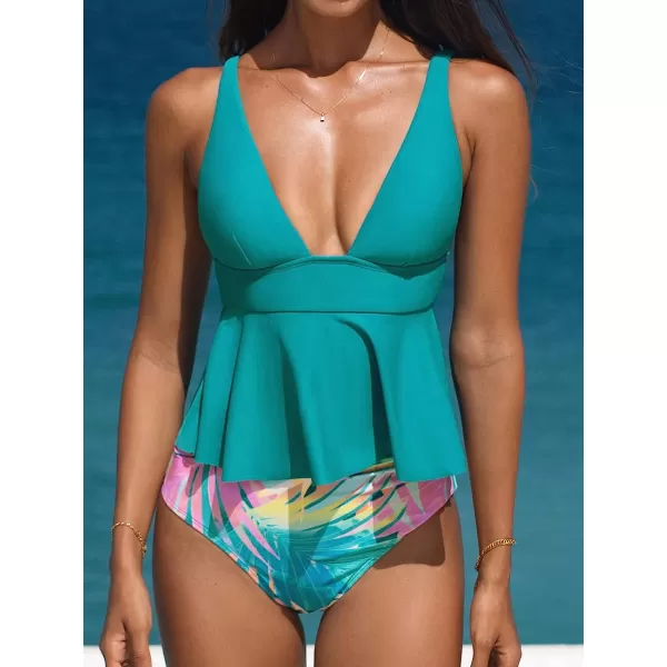 imageCUPSHE Womens Tankini Set Two Piece Swimsuit Deep V Neck Ruffled Tropical High Waisted BottomCyan Tropical Print