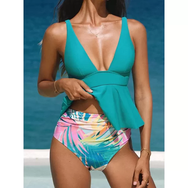 imageCUPSHE Womens Tankini Set Two Piece Swimsuit Deep V Neck Ruffled Tropical High Waisted BottomCyan Tropical Print