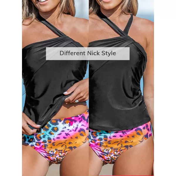 imageCUPSHE Womens Tankini Set Two Piece Swimsuit High Waisted Crisscross Back Tie Asymmetric Straps RuchedBlackPink Leopard