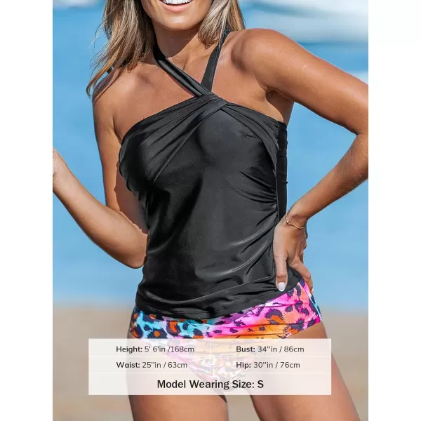 imageCUPSHE Womens Tankini Set Two Piece Swimsuit High Waisted Crisscross Back Tie Asymmetric Straps RuchedBlackPink Leopard