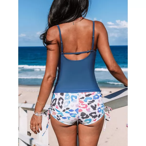 imageCUPSHE Womens Tankini Set Two Piece Swimsuit High Waisted Tummy Control V Neck Twisted Adjustable StrapsNavy BlueLeopard