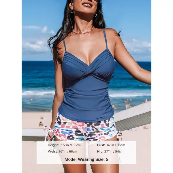 imageCUPSHE Womens Tankini Set Two Piece Swimsuit High Waisted Tummy Control V Neck Twisted Adjustable StrapsNavy BlueLeopard