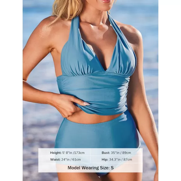 imageCUPSHE Womens Tankini Set Two Piece Swimsuit High Waisted V Neck Halter Tummy Control Strappy RuchedDirty Blue
