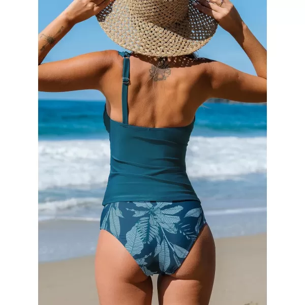 imageCUPSHE Womens Tankini Set Two Piece Swimsuit Mid Rise One Shoulder Neck Adjustable Strap Twist RuchedNavy BlueFloral