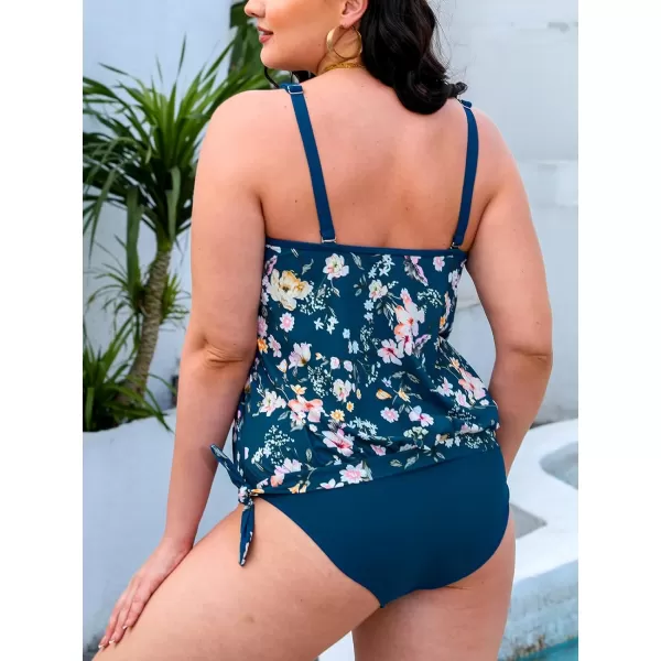 imageCUPSHE Womens Tankini Set Two Piece Swimsuit Mid Rise Scoop Neck Adjustable Straps Ruched TieXS4XLNavy BlueFloral