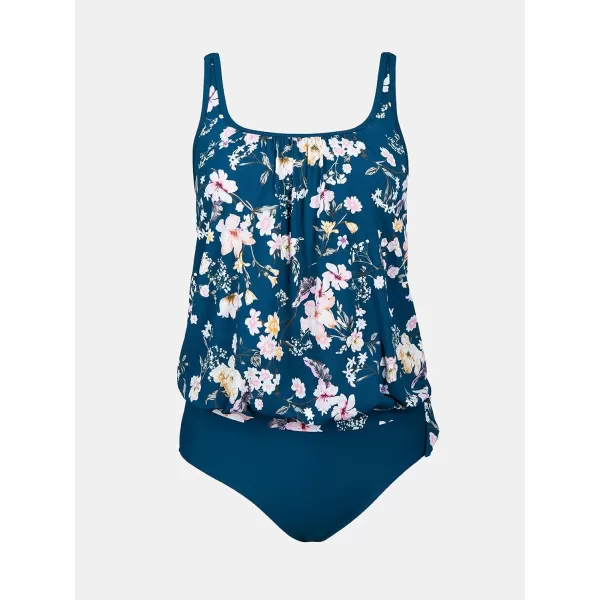 imageCUPSHE Womens Tankini Set Two Piece Swimsuit Mid Rise Scoop Neck Adjustable Straps Ruched TieXS4XLNavy BlueFloral