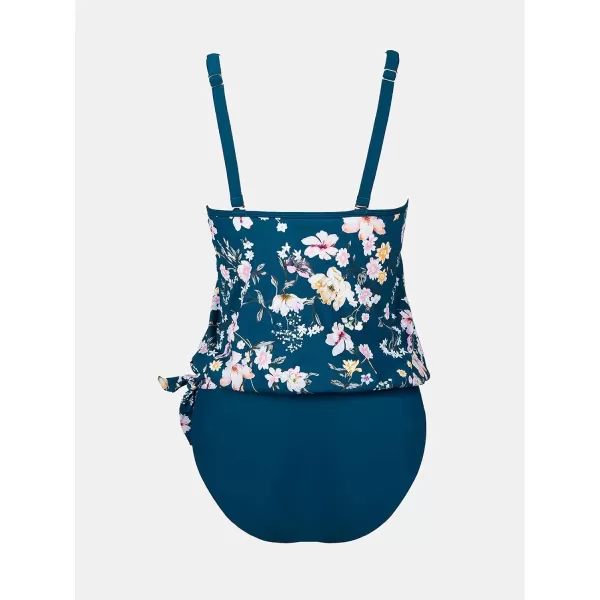 imageCUPSHE Womens Tankini Set Two Piece Swimsuit Mid Rise Scoop Neck Adjustable Straps Ruched TieXS4XLNavy BlueFloral