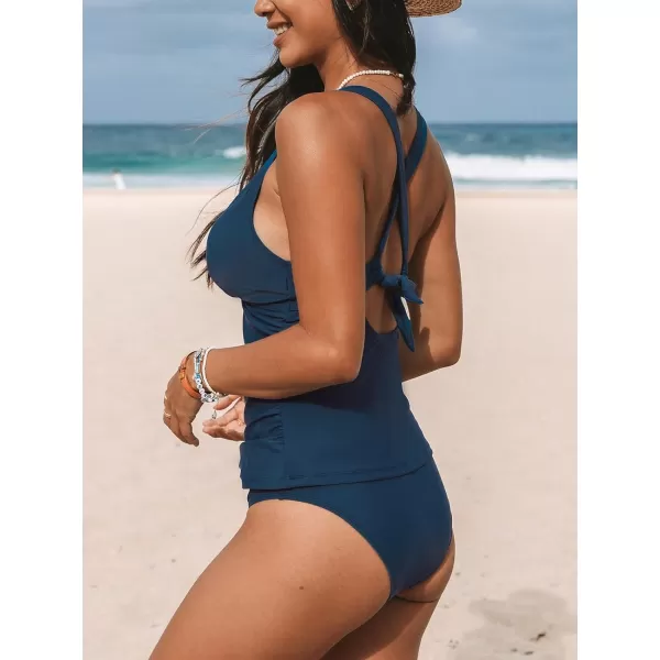 imageCUPSHE Womens Tankini Set Two Piece Swimsuit Mid Rise V Neck Crisscross Adjustable Straps Cutout RuchedNavy Blue