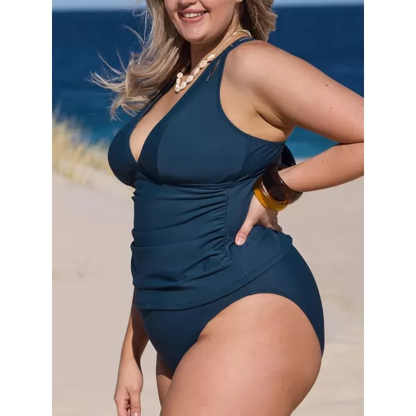 imageCUPSHE Womens Tankini Set Two Piece Swimsuit Mid Rise V Neck Crisscross Adjustable Straps Cutout RuchedPnavy Blue