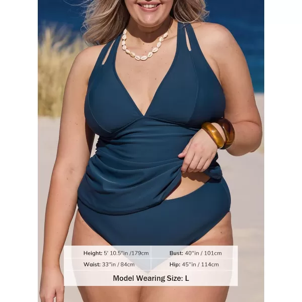 imageCUPSHE Womens Tankini Set Two Piece Swimsuit Mid Rise V Neck Crisscross Adjustable Straps Cutout RuchedPnavy Blue