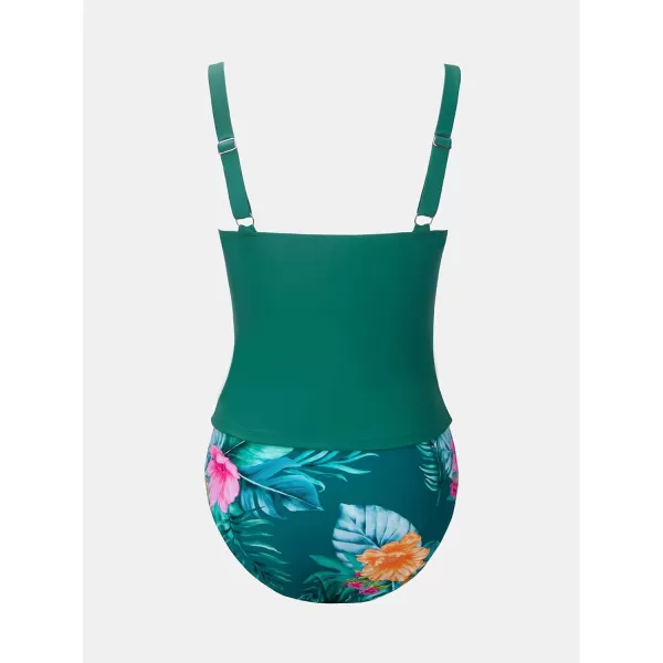 imageCUPSHE Womens Tankini Set Two Piece Swimsuit Mid Rise with Twist Shirred Front RuchedSea Green Floral