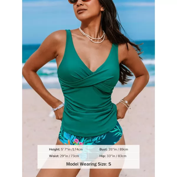 imageCUPSHE Womens Tankini Set Two Piece Swimsuit Mid Rise with Twist Shirred Front RuchedSea Green Floral