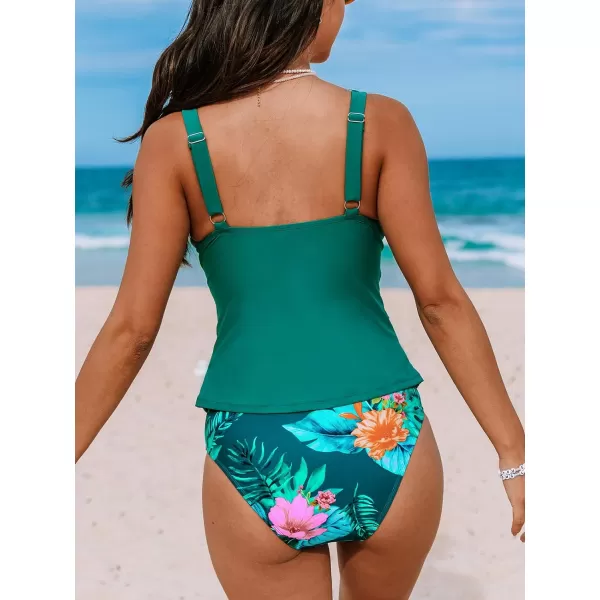 imageCUPSHE Womens Tankini Set Two Piece Swimsuit Mid Rise with Twist Shirred Front RuchedSea Green Floral