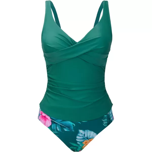 imageCUPSHE Womens Tankini Set Two Piece Swimsuit Mid Rise with Twist Shirred Front RuchedSea Green Floral