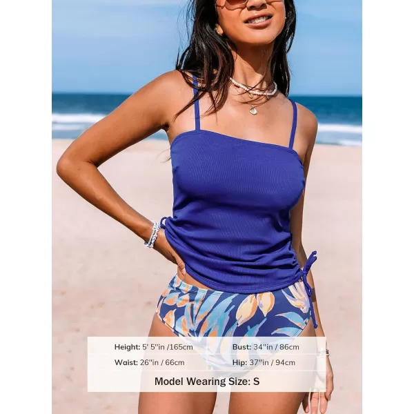 imageCUPSHE Womens Tankini Set Two Piece Swimsuit Ruched Drawstring Bathing Suits with High Waisted Bottom RibAzure Blue Floral