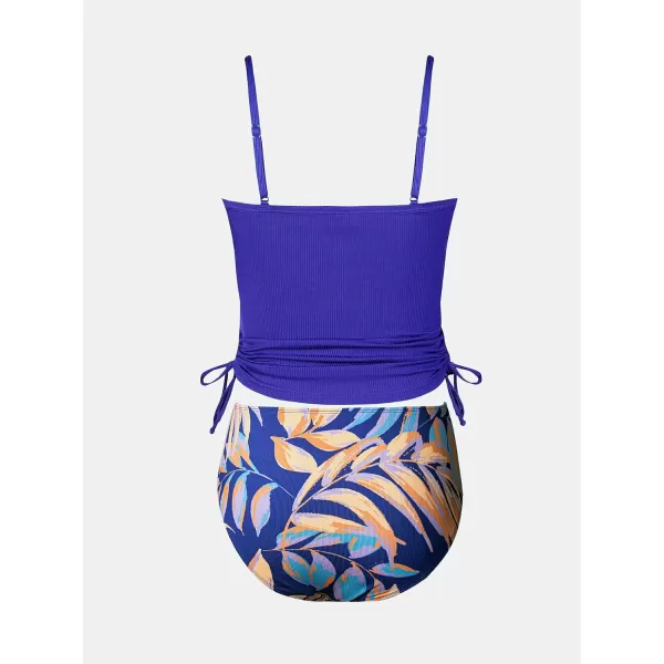 imageCUPSHE Womens Tankini Set Two Piece Swimsuit Ruched Drawstring Bathing Suits with High Waisted Bottom RibAzure Blue Floral