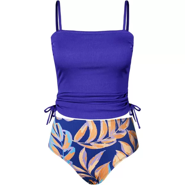imageCUPSHE Womens Tankini Set Two Piece Swimsuit Ruched Drawstring Bathing Suits with High Waisted Bottom RibAzure Blue Floral