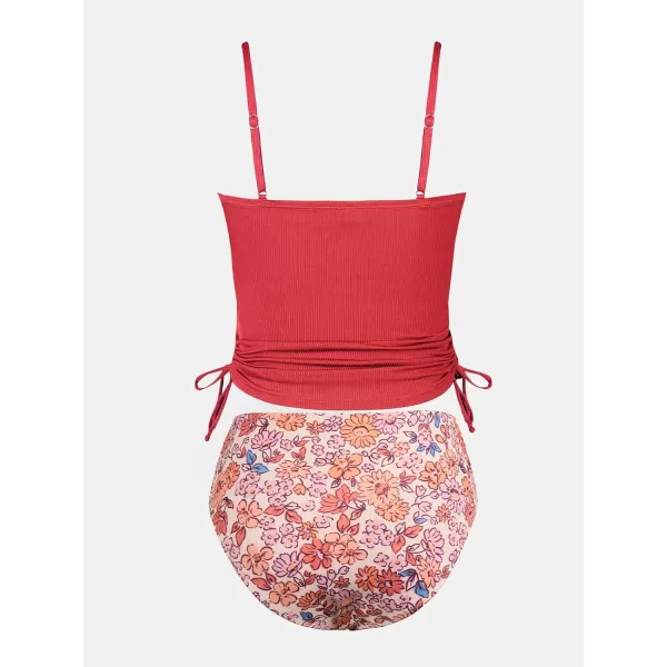 imageCUPSHE Womens Tankini Set Two Piece Swimsuit Ruched Drawstring Bathing Suits with High Waisted Bottom RibRed Floral