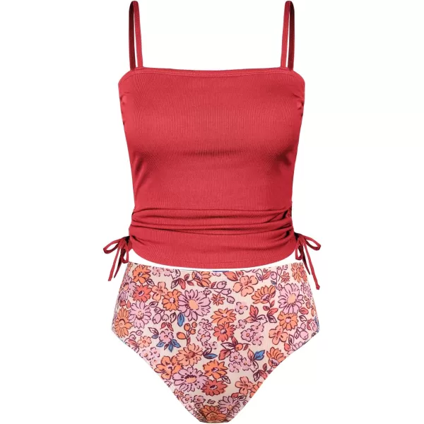 imageCUPSHE Womens Tankini Set Two Piece Swimsuit Ruched Drawstring Bathing Suits with High Waisted Bottom RibRed Floral