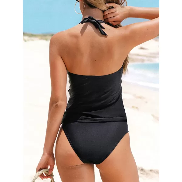 imageCUPSHE Womens Tankini Set Two Piece Swimsuit Ruffled Halter Low BackBlack