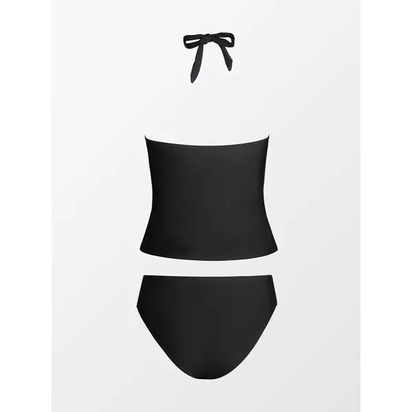 imageCUPSHE Womens Tankini Set Two Piece Swimsuit Ruffled Halter Low BackBlack