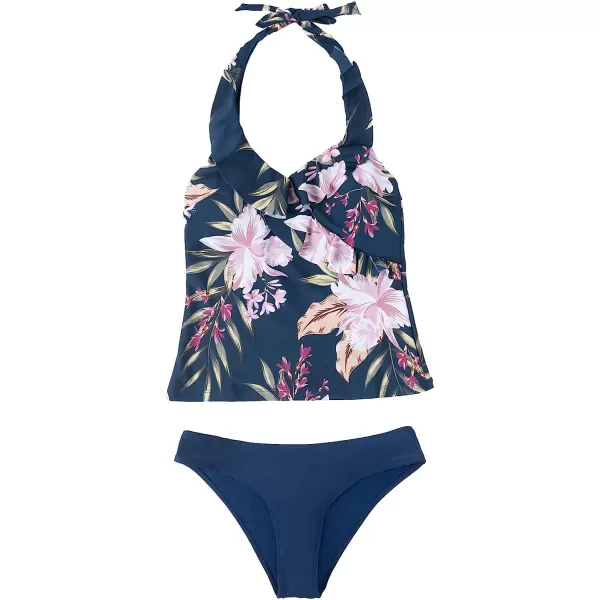 imageCUPSHE Womens Tankini Set Two Piece Swimsuit Ruffled Halter Low BackBlueFloral